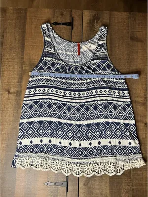 Boho Chic Navy & White Sleeveless Tank Top with Crochet Hem, Size 1X thumbnail 4