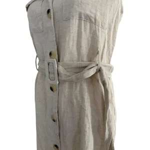 Sih & Sam Women Oatmeal Beige Linen Blend Belted Utility Button Front Dress M thumbnail 4