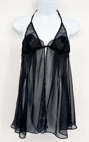 NWT‎ Victoria's Secret Womens Black Lace Sheer Mesh Whimsigoth Babydoll Top M thumbnail 1