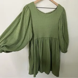 Free People Beach Green Get Obsessed Babydoll Mini Dress Long Balloon Sleeve‎ XS thumbnail 6