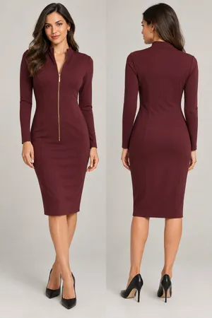 Kensie Burgundy Gold-Zip Long-Sleeve Ponte Midi Dress thumbnail 2