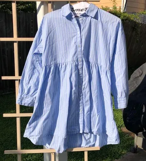 ZARA Blue Cotton Striped Long Sleeved Mini Shirt Dress S thumbnail 4