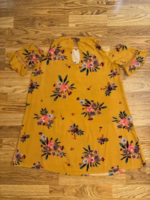 Xhilaration Dress Women’s Size Medium Cold Shoulder Mustard Yellow Floral Rayon thumbnail 7