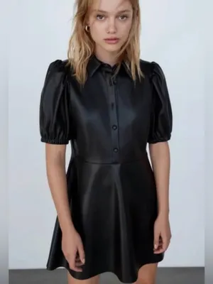 Zara Black‎ Faux-Leather Puff Sleeve Mini Dress Size M thumbnail 3