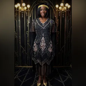 #10 Vintage-Inspired Black Beaded Flapper Dress with Fringe-Large/Size 14 thumbnail 12