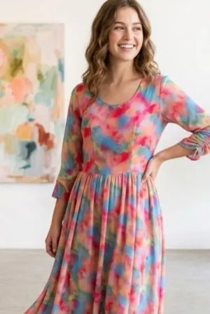 Boutique size L chiffon bright water colors fit n flare dress. thumbnail 1
