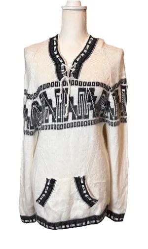 Efrata Global Alpaca‎ Medium Hoodie Sweater Cream Llama Pattern Hooded Pullover thumbnail 1