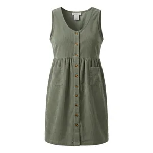 Vintage Style Sage Green Corduroy Button-Front Midi Pinafore Dress Pockets Fall thumbnail 2