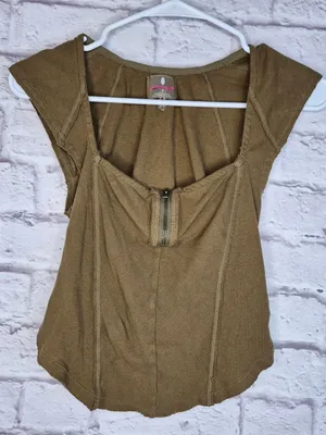 FP Movement Free People Ribbed Corset Top Brown Tan Short Sleeve Zip Medium S thumbnail 1