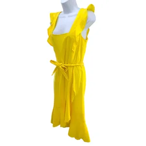 Reserved Yellow Linen Blend Ruffle Wrap Midi Dress Square Neck Tie‎ Waist 8 thumbnail 3