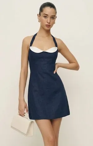 Reformation Linen Halter Navy Mini Dress Sweetheart thumbnail 1