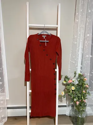 ASOS Ribbed Wrap-Style Midi Dress in Brick Red thumbnail 2
