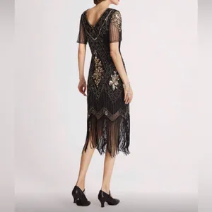 #10 Vintage-Inspired Black Beaded Flapper Dress with Fringe-Large/Size 14 thumbnail 2