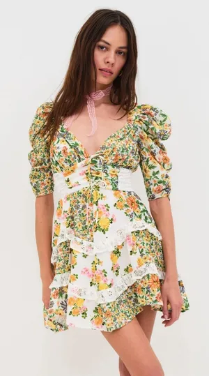 For Love & Lemons Rosalyn Yellow and Green Floral Lace-Trim Mini Dress Large thumbnail 1