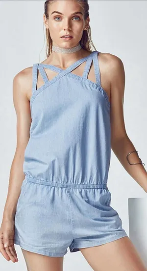 Fabletics Liza Chambray Romper Women's Size XS Light Wash Crossback Sleeveless thumbnail 1