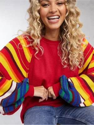 Free People We The Free Rainbow Dreams Pullover XS Red Combo Balloon Sleeve thumbnail 1