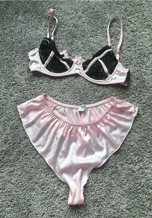 Pink and Black Lace Satin Bra & High-Waist Brief Set thumbnail 1