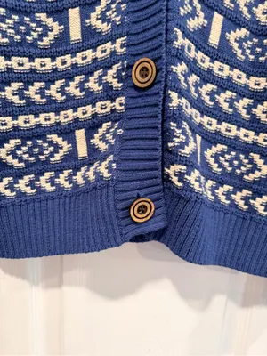 NWT FRYE Size L Blue Cream Fair Isle Fringe Cotton Button Cardigan Sweater Boho thumbnail 3