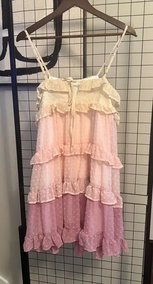 Womens Ruffled Tiered Spaghetti-Strap Dress in Pink and Cream thumbnail 1
