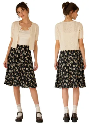 Vintage Express Floral A-Line Button Front Skirt Womens Medium Black Cottagecore thumbnail 2