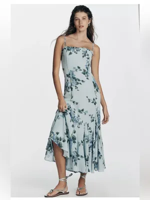 Reformation Lilibet ruffle hem midi dress in blue floral Fresh Air print NEW thumbnail 3