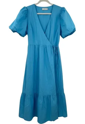 Greylin Blue‎ Cotton Wrap Midi Dress Puff Sleeve Tiered Pockets M Cottagecore thumbnail 1