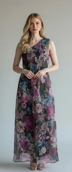 SheIn Stunning One-Shoulder Floral Organza Sheer Maxi Dress Purple & Black M thumbnail 1