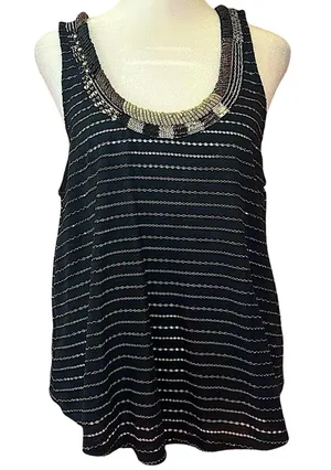 Free People Aztec Louie Beaded sequin Tank Black Striped Split Back Boho glam M thumbnail 1