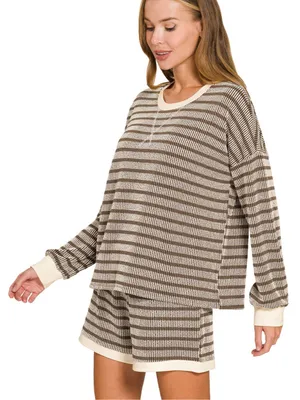 Raised Rib Striped Pullover & Shorts Set – Espresso Medium thumbnail 2