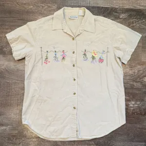 Basic Editions Gingham Short Sleeve Button Down Cottage Core Medium Embroidery White thumbnail 1
