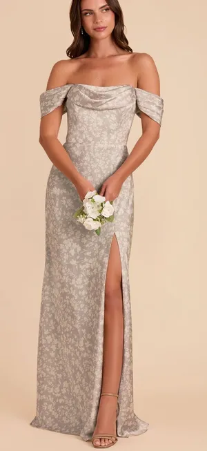 Birdy Grey Mia Dress Matte Satin Almond Dreamy Floral Maxi M White Pearl Gray thumbnail 1
