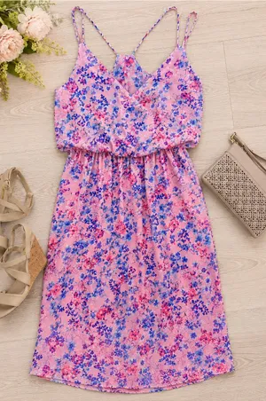 My Story Pink Floral Midi Dress with Blue Floral Print thumbnail 1