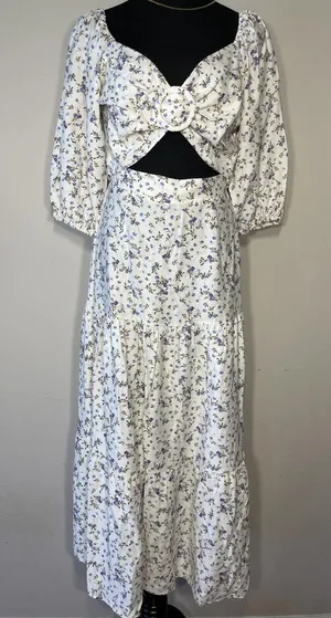 MINKPINK Hailey Floral Puff Sleeve Cutout Midi Dress Sz M thumbnail 1
