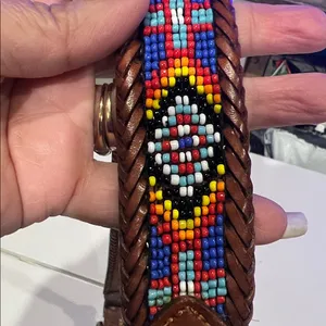 Vintage 1991 Brighton beaded western brown leather belt Aztec diamond pattern 30 thumbnail 4