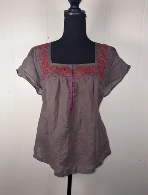 Free People Embroidered Linen Peasant Blouse Square Neck Tie Back Brown Boho A thumbnail 1