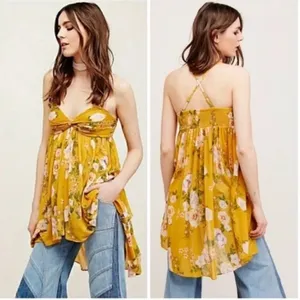 FREE PEOPLE Mirage Convertible Tunic Tank Top Dress Hi Low Yellow Floral Boho thumbnail 2