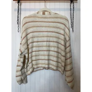 NWT American Eagle Striped V-Neck Cardigan Sweater Beige Tan Size M thumbnail 2