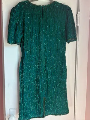Vintage Laurence Kazar Emerald Green Silk Beaded Sequin Cocktail Dress Large thumbnail 5