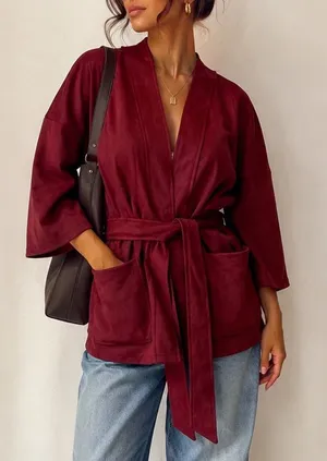 Classic Concepts Burgundy Faux Suede Belted Jacket Cardigan Medium thumbnail 1