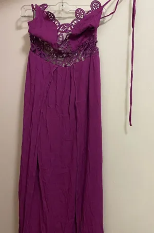 Shinestar Womens Halter Maxi Dress XL Bright Purple Boho Lace Trim Open Back thumbnail 1