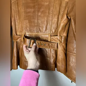 Vintage Anne Klein Longer Line Camel Faux Belted Leather Jacket Sz M thumbnail 14
