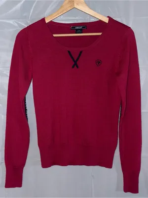 Ariat Sweater Women’s Small Pink Merino Wool Equestrian Elbow Patches V-Neck thumbnail 1
