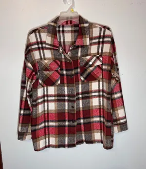 Womens Plaid Shacket Jacket Red Brown White Flannel Style Button Front Size L Size L thumbnail 1