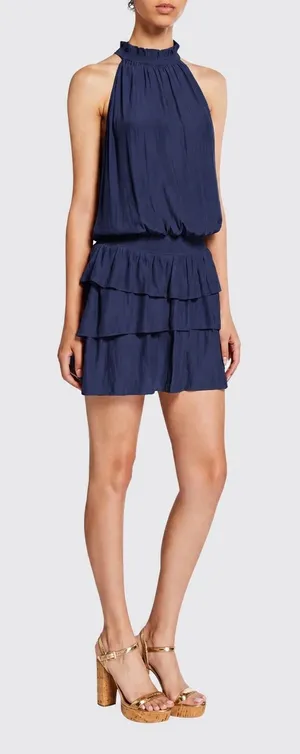 Ramy Brook‎ Perla Halter-Neck Smocked Dress Size XS Navy Tiered Mini Cocktail thumbnail 1