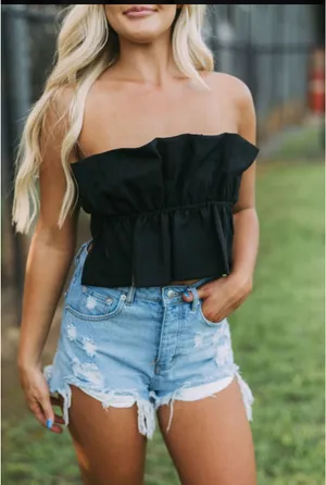 Black strapless ruffle top these three boutique  thumbnail 2