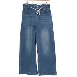 Jeans Womens L Blue Denim Cotton Stretch Mid Rise Drawstring High Waist Wide Leg thumbnail 2