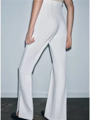 Zara High-Waist Pressed Pleated White Cream Wide-Leg Side Vents Pants Sz XS thumbnail 3