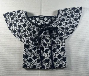 Club Monaco Rowlen Floral Off-Shoulder Top Womens Size XS Navy Blue White Knit thumbnail 1