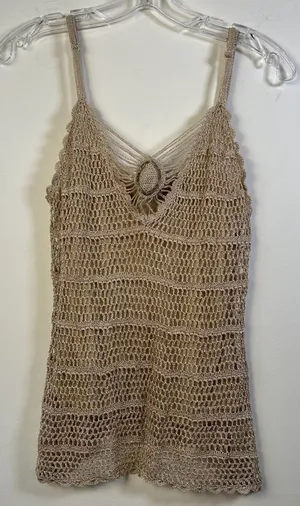 SayWhat? Womens Crochet Knit Camisole‎ Gold Beaded V-Neck Lined Tank Top Large thumbnail 1