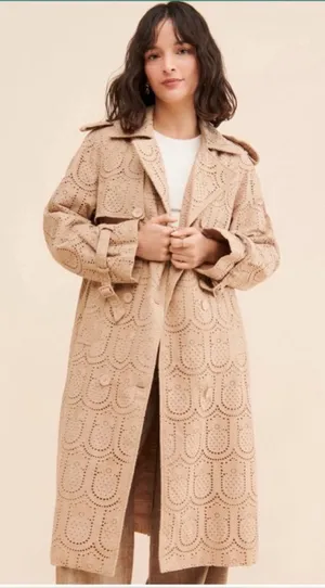 Farm Rio Eyelet Trench Coat – Tan Embroidered Long Jacket Sz XS thumbnail 1